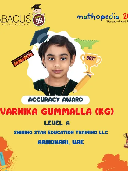 Varnika Gummalla from Abu Dhabi, UAE, a kindergarten student winning an Accuracy Award.
