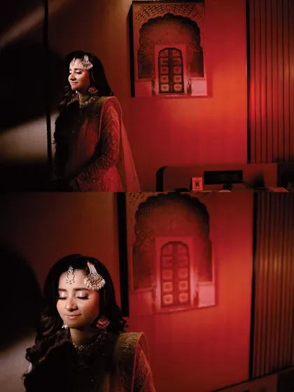 A collage of artistic bridal portraits using dramatic red lighting and shadows. The bride's serene, closed-eye poses create a sense of peace and beauty.