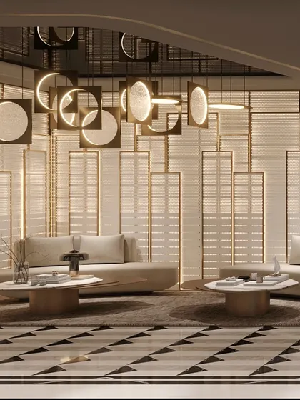 This waiting area is a symphony of light, texture, and refined details. The illuminated wall panels create a sense of rhythm and depth, while the geometric chandelier adds a modern artistic touch. The space is designed to feel both grand and intimately welcoming.