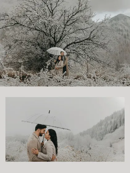 A winter fairytale in the snow-covered landscapes of Almaty, Kazakhstan. We specialize in capturing romance in any climate, using the serene, white backdrop to highlight the warmth and connection between a couple under a shared umbrella.