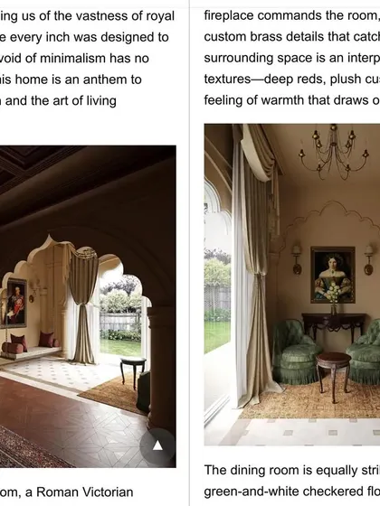 Another page from the Architecture + Design magazine feature, detailing the Roman Victorian-inspired living room and the striking dining room.