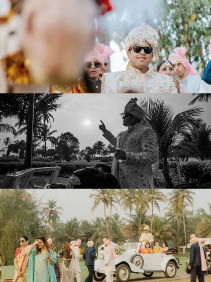 A collage showcasing the groom's stylish entry in a vintage car for his Goa beach wedding, blending classic style with a relaxed, celebratory vibe.
