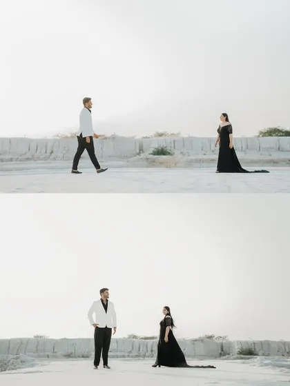 A pair of images telling a story of the couple walking towards each other in a vast, minimalist landscape.