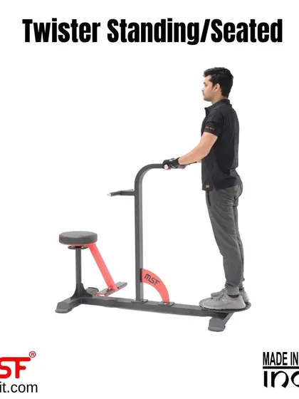 A user demonstrates the standing twister exercise for core and oblique strengthening.