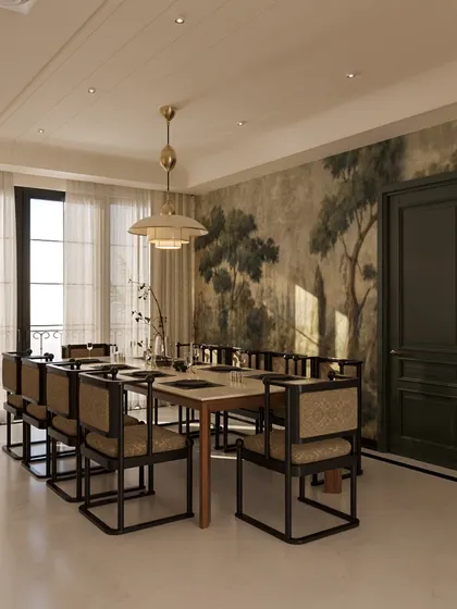 A closer view of the dining setup, where modern chairs with a unique silhouette are paired with a classic wooden table. The striking wallpaper and pendant light create a sophisticated atmosphere for dining.