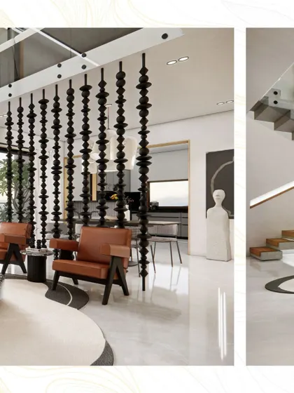 A collage showing the relationship between the living area, the dining screen, and the sculptural staircase.