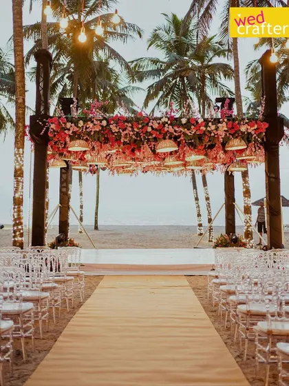 This is what dream beach weddings are made of. I designed this mandap on the sand, using woven lamps and lush pink florals to complement the natural beauty of the Kerala coastline, with the ocean as the ultimate backdrop.