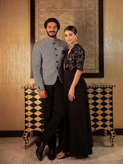 A classic and elegant couple's look. I had the pleasure of being on the style team for Dulquer Salmaan and Amaal for the NMACC opening. Dulquer wears a sharp houndstooth bandhgala by Shahab Durazi.