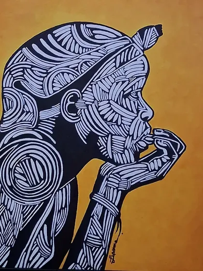 A striking black and white line art portrait with a yellow background.
