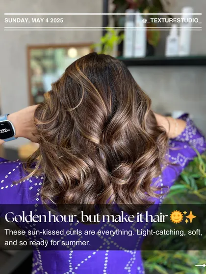 Golden hour, but make it hair. These sun-kissed curls are everything, with light-catching highlights that are perfect for summer.
