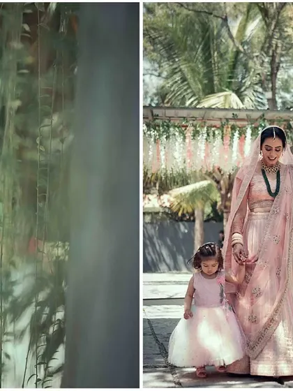 A touching diptych showing the bride's grand entrance with two adorable flower girls, a moment of pure happiness.