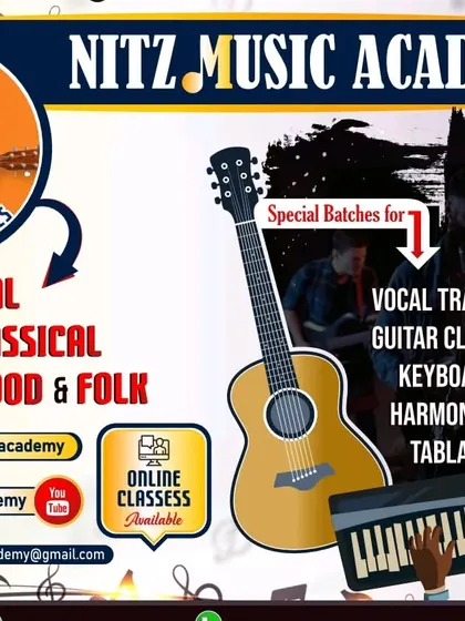 Our official banner showcasing the variety of classes we offer, from classical and Bollywood singing to guitar, keyboard, and harmonium, both online and offline.
