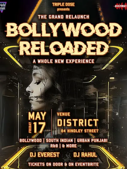 Poster for 'Bollywood Reloaded', an event where I played a mix of Bollywood, South Indian, and Urban Punjabi music. This shows my versatility as an open-format DJ.