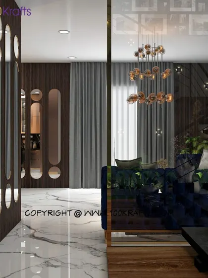 A hallway from the 'Gothic Design' concept, featuring a unique mirrored partition and a dramatic chandelier. The design plays with reflection and shadow to create a mysterious and elegant vibe.