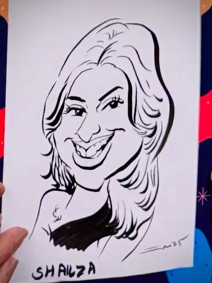 This caricature, created at a live event, captures the subject's beautiful smile with a fun, exaggerated style.