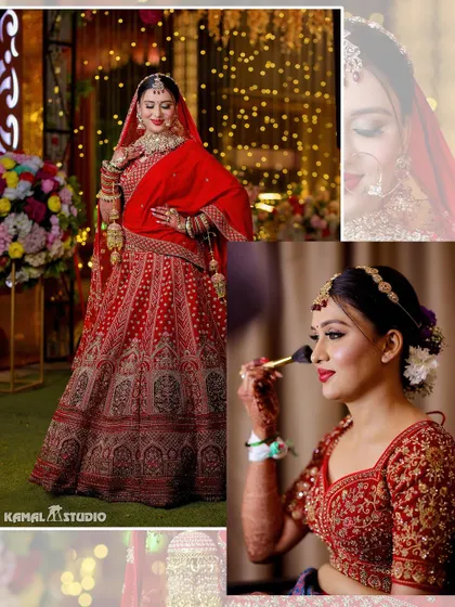 A collage blending the bride's full-length portrait with a behind-the-scenes shot of her getting makeup done.