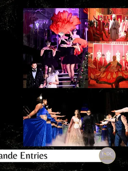 This image is part of my service showcase, illustrating the variety of grand entries I design. It features a theatrical entry with masked dancers and another with the couple framed by performers in blue.