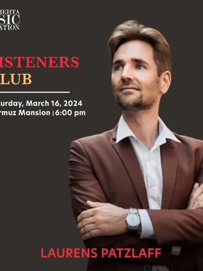 An announcement for our 'Listeners Club' featuring Laurens Patzlaff, a master of piano improvisation. We host these free events to engage the community and broaden musical horizons.