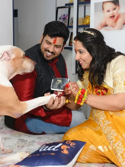 A slightly different angle of the sweet interaction between the couple, their dog, and the first picture of their baby.