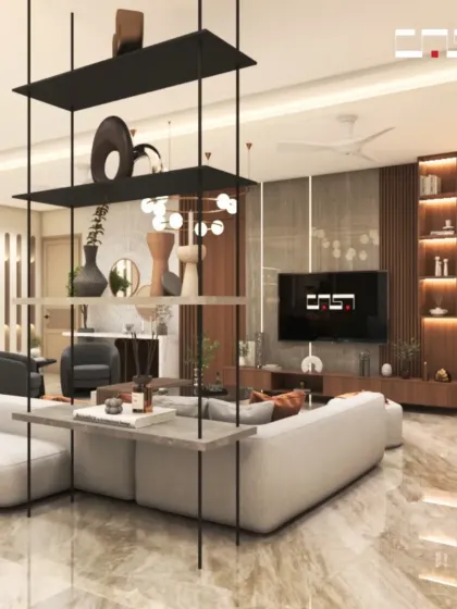 This open-plan space is cleverly divided by a sleek, ceiling-mounted shelving unit, which defines the living area without obstructing the flow of light and space.