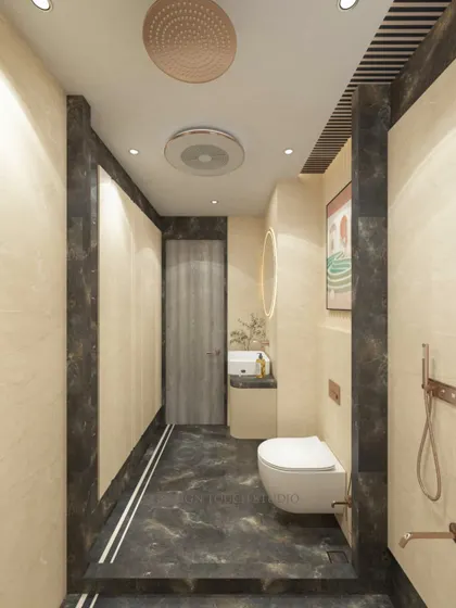 A 3D render of a luxurious bathroom with dark marble flooring, beige walls, and elegant rose-gold fixtures.