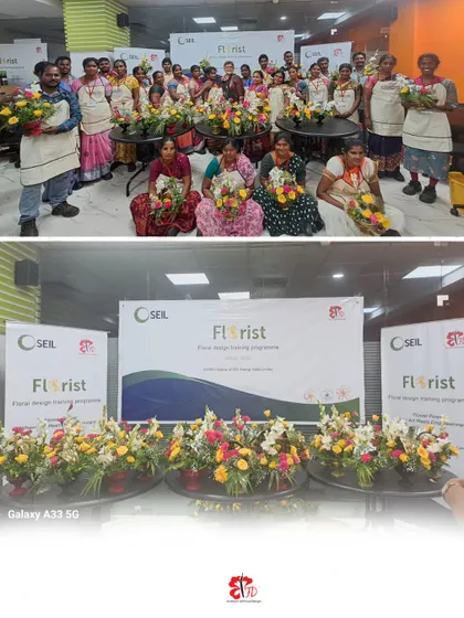 A snapshot of success. The top image shows the proud participants of our Nellore workshop with their final floral bouquets and arrangements. The bottom image showcases the variety of vase arrangements they learned to create during the program.