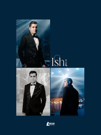 A stylish collage of groom Isht, showcasing his sharp tuxedo and confident poses.