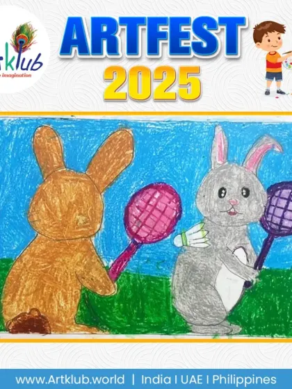 A whimsical drawing by a junior artist featuring two rabbits playing tennis. This creative piece adds a fun, imaginative twist to the sports theme.