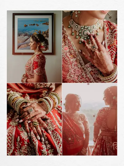 A collage of bridal details, focusing on the intricate embroidery of the lehenga, the beautiful jewelry, and the bride's elegant hairstyle.