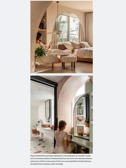 The master bedroom and dressing area featured in Architecture + Design, celebrating the project's celebration of minimalism.