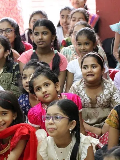 A room full of engaged and curious faces at the RASIKA storytelling session. We tell stories of our traditions, like how Lord Shiva became Nataraja.