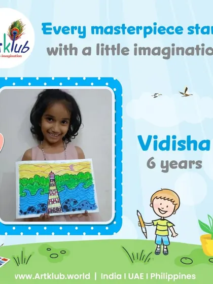 Vidisha, age 6, shows how every masterpiece starts with a little imagination in her lovely lighthouse drawing.