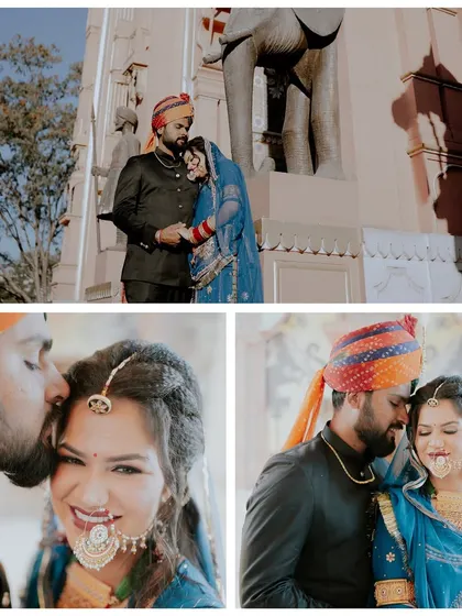 A collage celebrating Rajasthani tradition, with the couple dressed in vibrant local attire, complete with a colorful turban and nath. The elephant statues add to the royal feel.