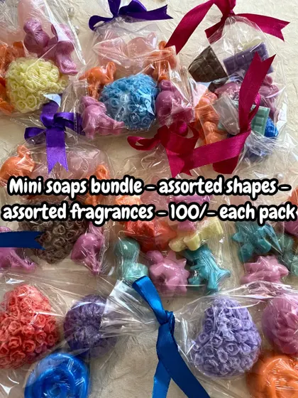 These mini soap bundles are perfect for party favors. Each pack contains an assortment of small, fun-shaped soaps in different fragrances.