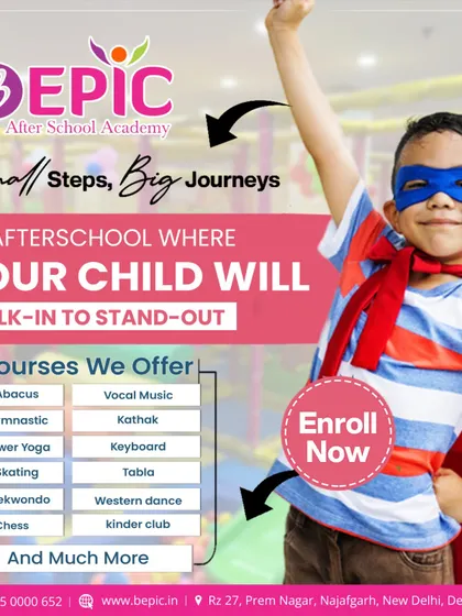 Small steps lead to big journeys. This graphic lists some of the many courses we offer, from Abacus and Gymnastics to Kathak and Tabla, designed to help your child walk in to stand out.