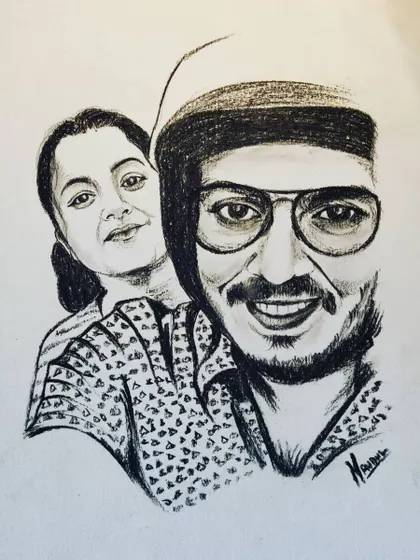A custom couple's portrait done in charcoal. I enjoy creating pieces that celebrate relationships, capturing the bond between friends who become family.