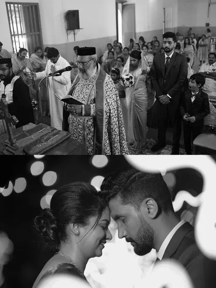 A black and white collage contrasting the formal church ceremony with an intimate, happy moment between the couple at their reception.
