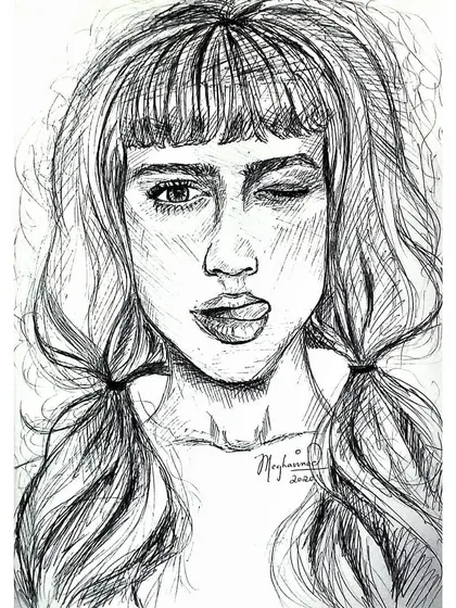The initial black pen sketch for the winking portrait, showing the foundational line work before color was added.