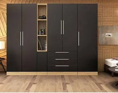 A minimalist wardrobe in matte black with an open shelving niche in a light wood finish. This design provides a clean look with a touch of warmth and contrast.