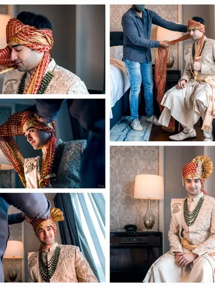 A collage documenting the groom getting ready, specifically the traditional tying of the safa (turban).