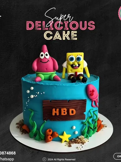 Who lives in a pineapple under the sea? This fun SpongeBob SquarePants cake features Patrick and SpongeBob sitting atop a vibrant blue cake, ready for a happy birthday celebration at Bikini Bottom.