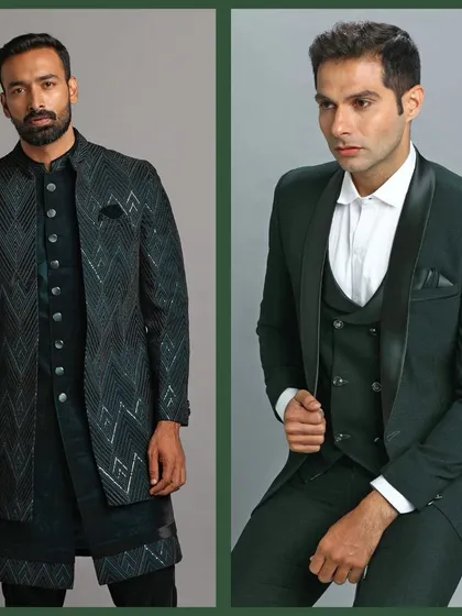 A green embroidered Indo-Western and a dark green three-piece suit. Our collection has something for both traditional and modern tastes.