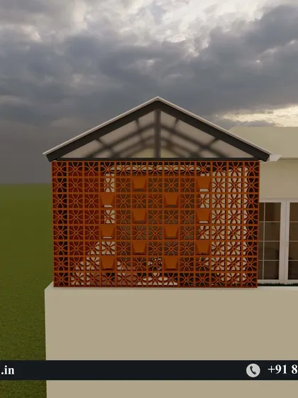 A 3D render of a terrace corner featuring a pergola with a sloped roof and a decorative CNC-cut privacy screen.
