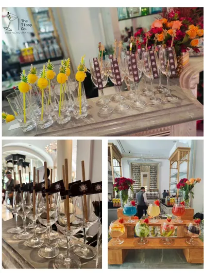 A collage of our detailed glassware and drink presentations. It includes pineapple-themed stirrers, custom flags, and a colorful display of pre-garnished mocktails.