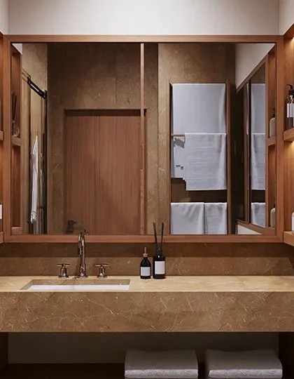 A duplicate render of the earthy, natural-toned bathroom, emphasizing the seamless integration of the sink and countertop.