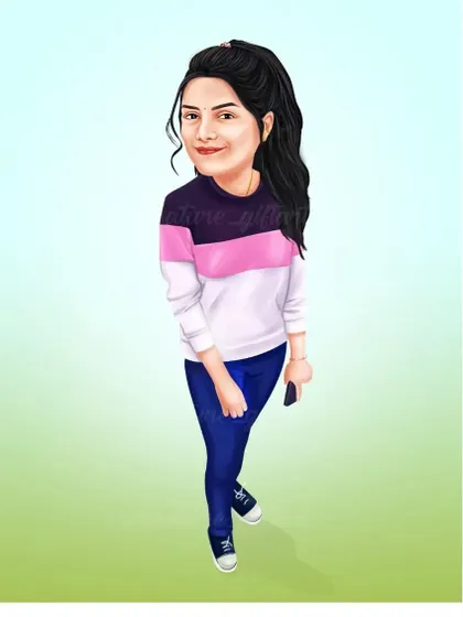A full-body caricature of a birthday girl in a casual, stylish outfit. A great way to capture someone's personal style in a fun artwork.