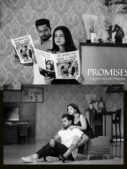 A creative black and white collage featuring a "Save The Date" newspaper prop, blending a classic announcement with a modern, candid feel.
