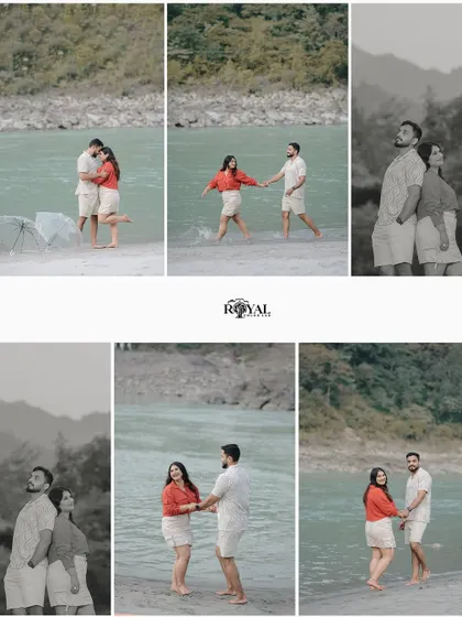 This collage captures the fun and connection of a couple's maternity shoot by the river, including playful splashes and romantic gazes, with some shots in black and white for a timeless feel.