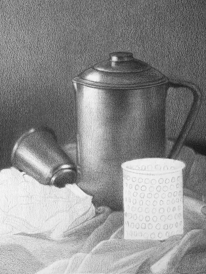 Another progress shot, showing the development of shadows and metallic textures on the jug.