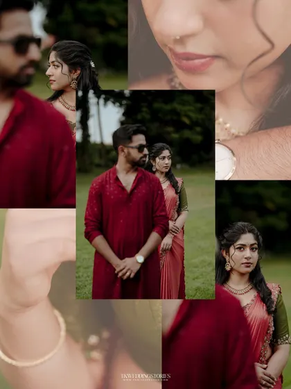 An artistic collage from a couple's photoshoot, using creative framing and angles to tell a visual story.